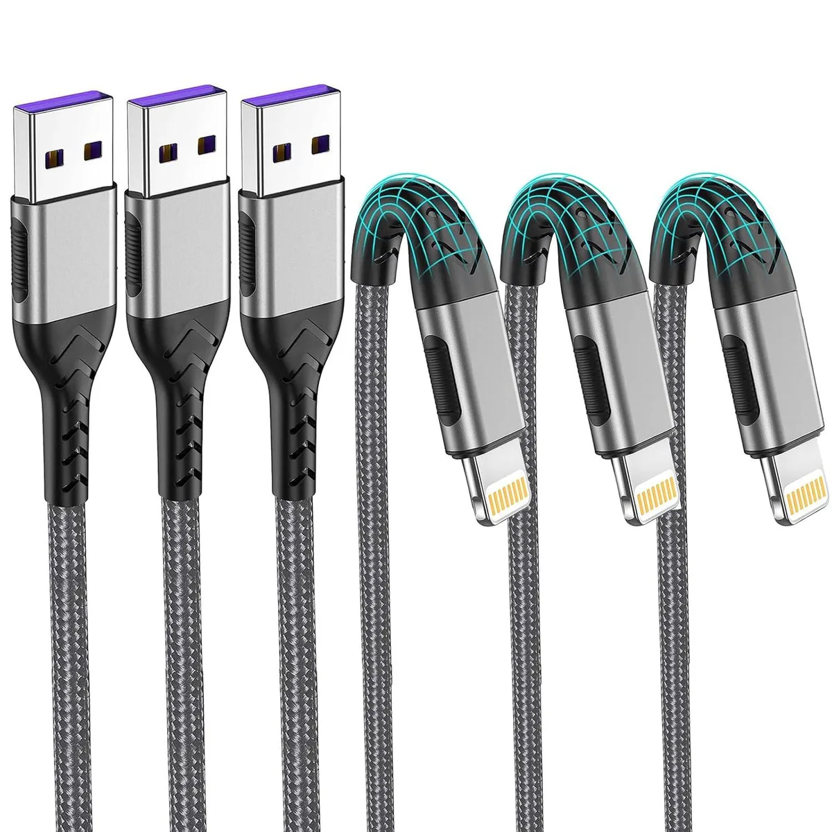Three grey 10ft USB-A to Lightning cables with silver connectors