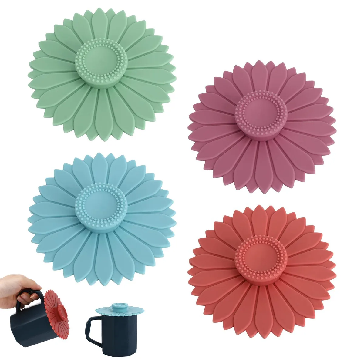 Four round silicone stretch lids with flower design in assorted colours