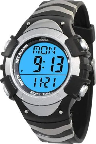 Silver digital wristwatch with large LCD display and plastic case