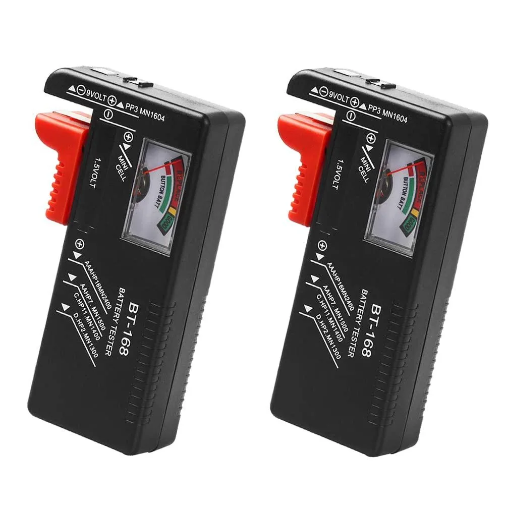 Two compact battery testers with analog needle display, red yellow green zones, 11 by 6 by 2.5 cm
