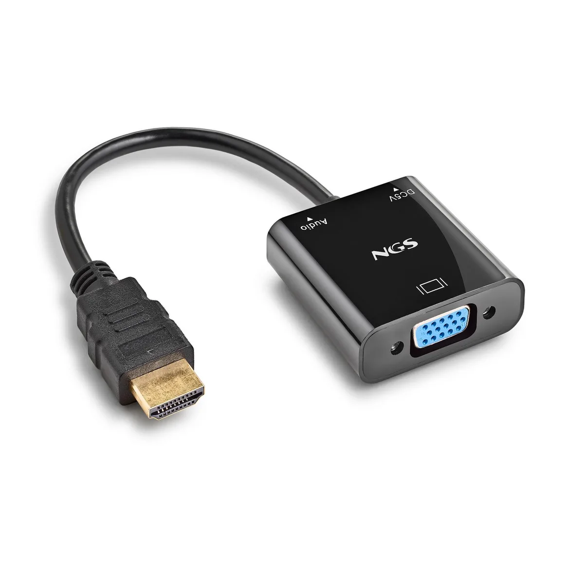 Black HDMI to VGA adapter with 3.5 mm audio and micro-USB power cables, 15 cm main cable