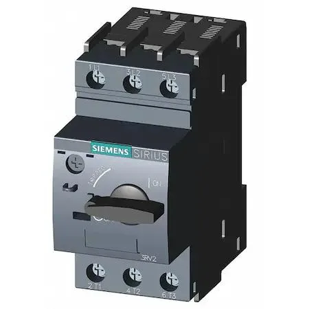 Grey rectangular DIN-rail motor starter with black selector switch and terminal screws