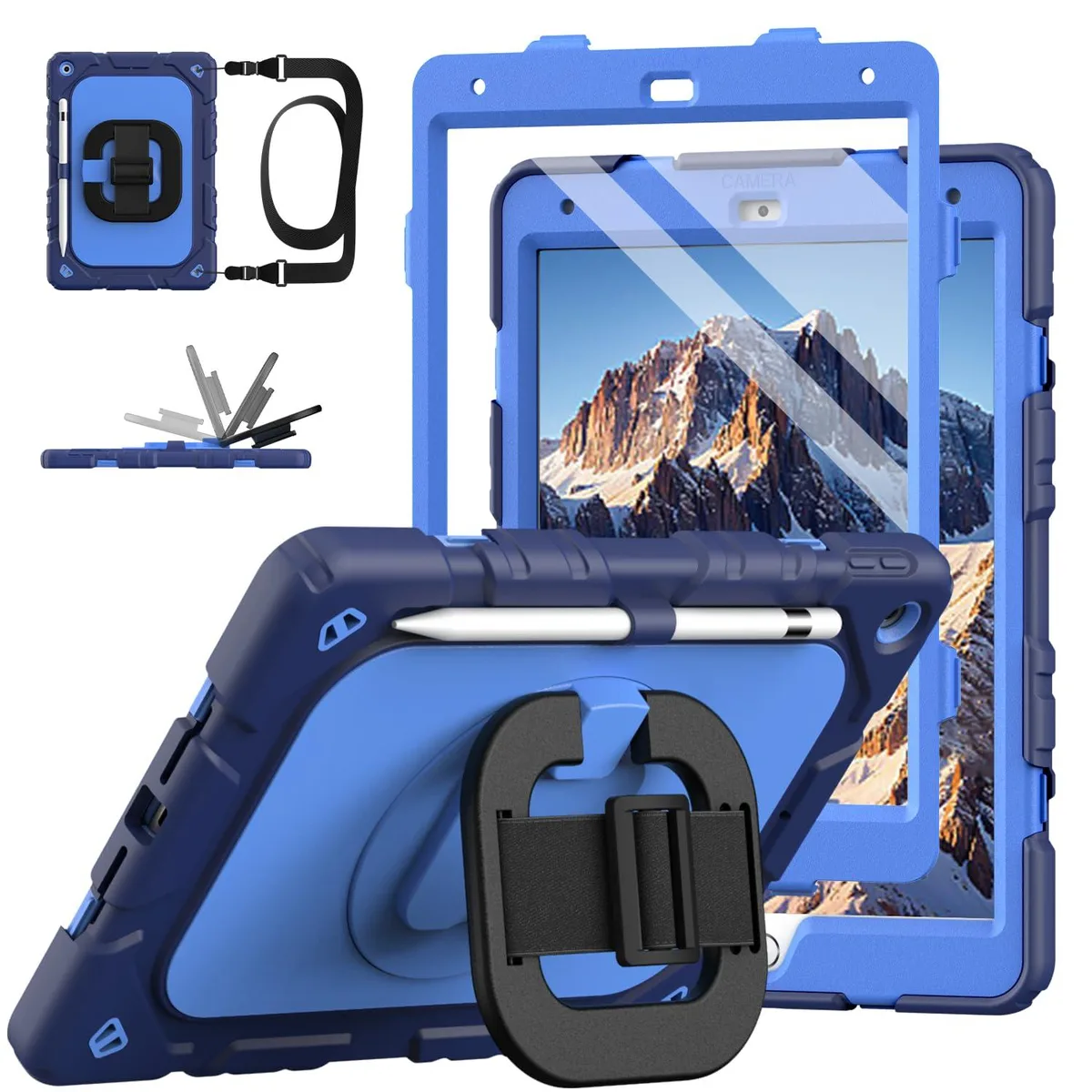 Navy blue rugged iPad case with rotating stand, straps and screen protector
