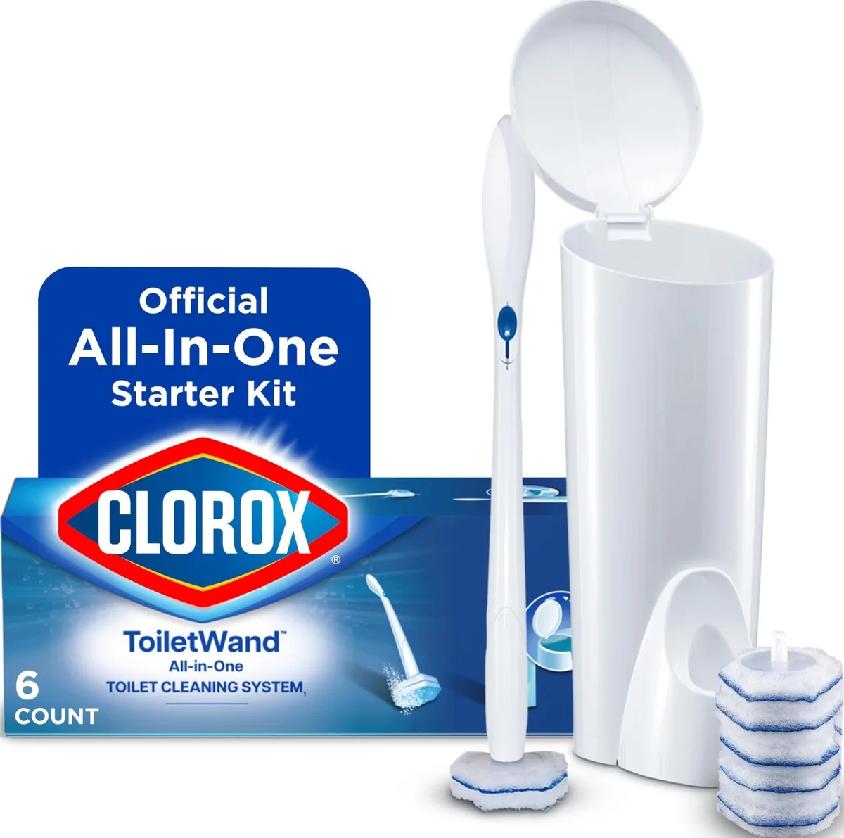 Blue-white L-shaped wand with caddy and six refill heads