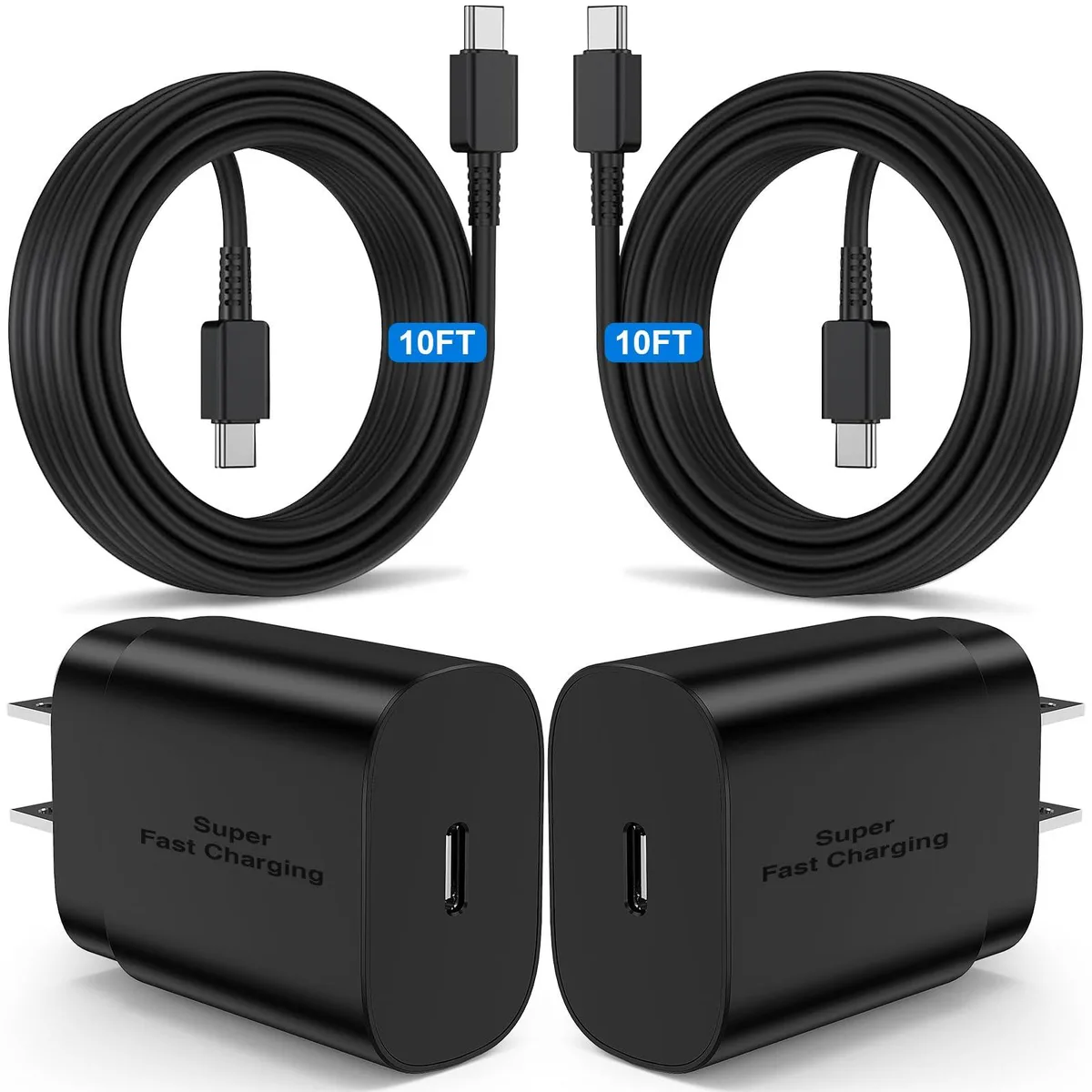 Two white USB-C wall chargers with two matching six-foot USB-C to USB-C cables