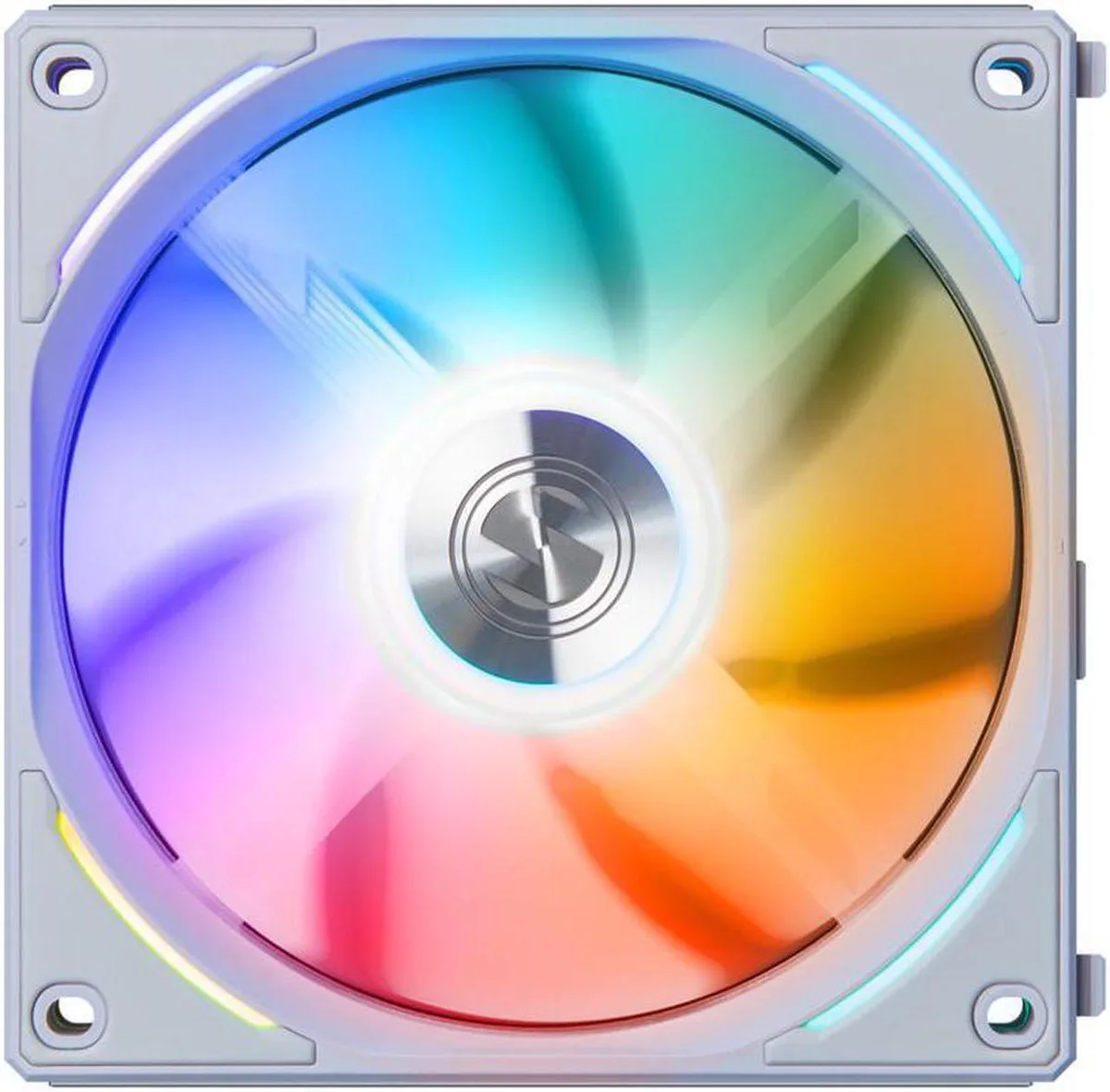 White 120 mm case fan with aluminium medallion and RGB LEDs on blades and frame