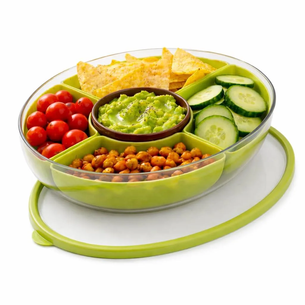 Red avocado-shaped serving tray with lid and five removable compartments plus center dip bowl