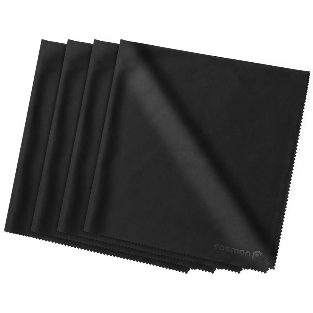 Four square black microfiber cloths stacked flat