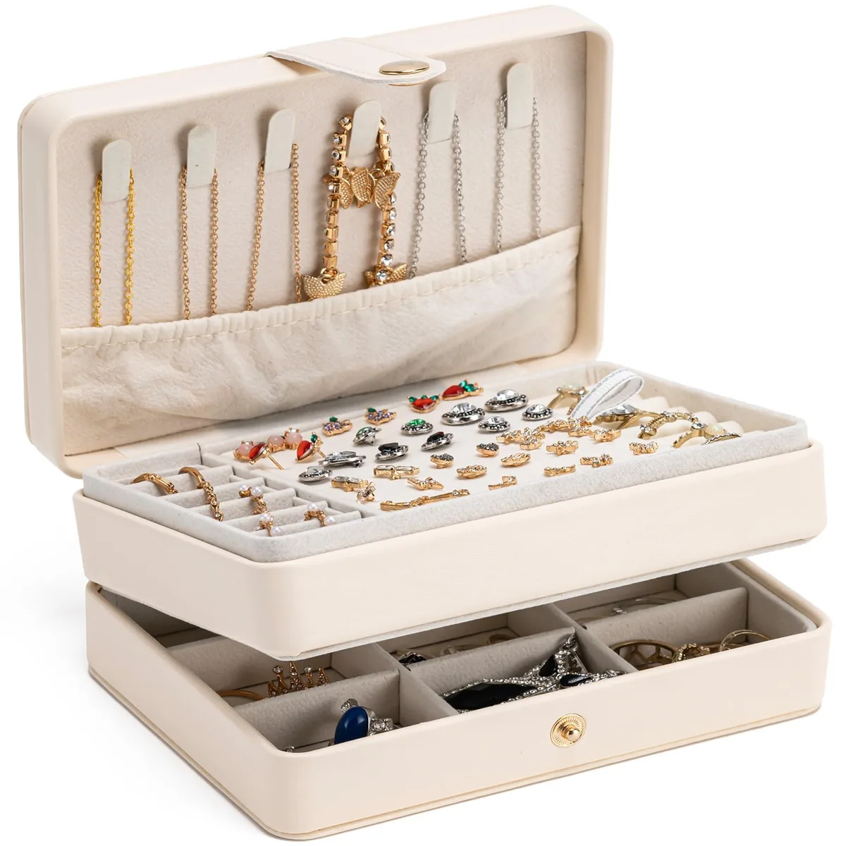  Jewelry Organizer Box 2-Layer Beige PU Leather 6.3×4.4×2.9 in — product photo