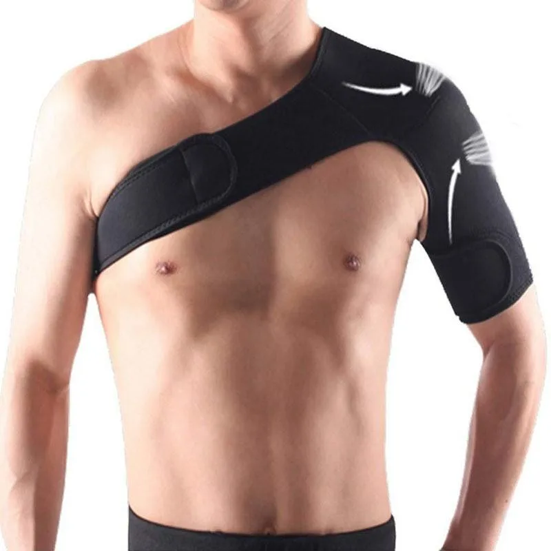 Black left-shoulder compression sleeve in spandex and breathable neoprene with adjustable hook-and-loop straps
