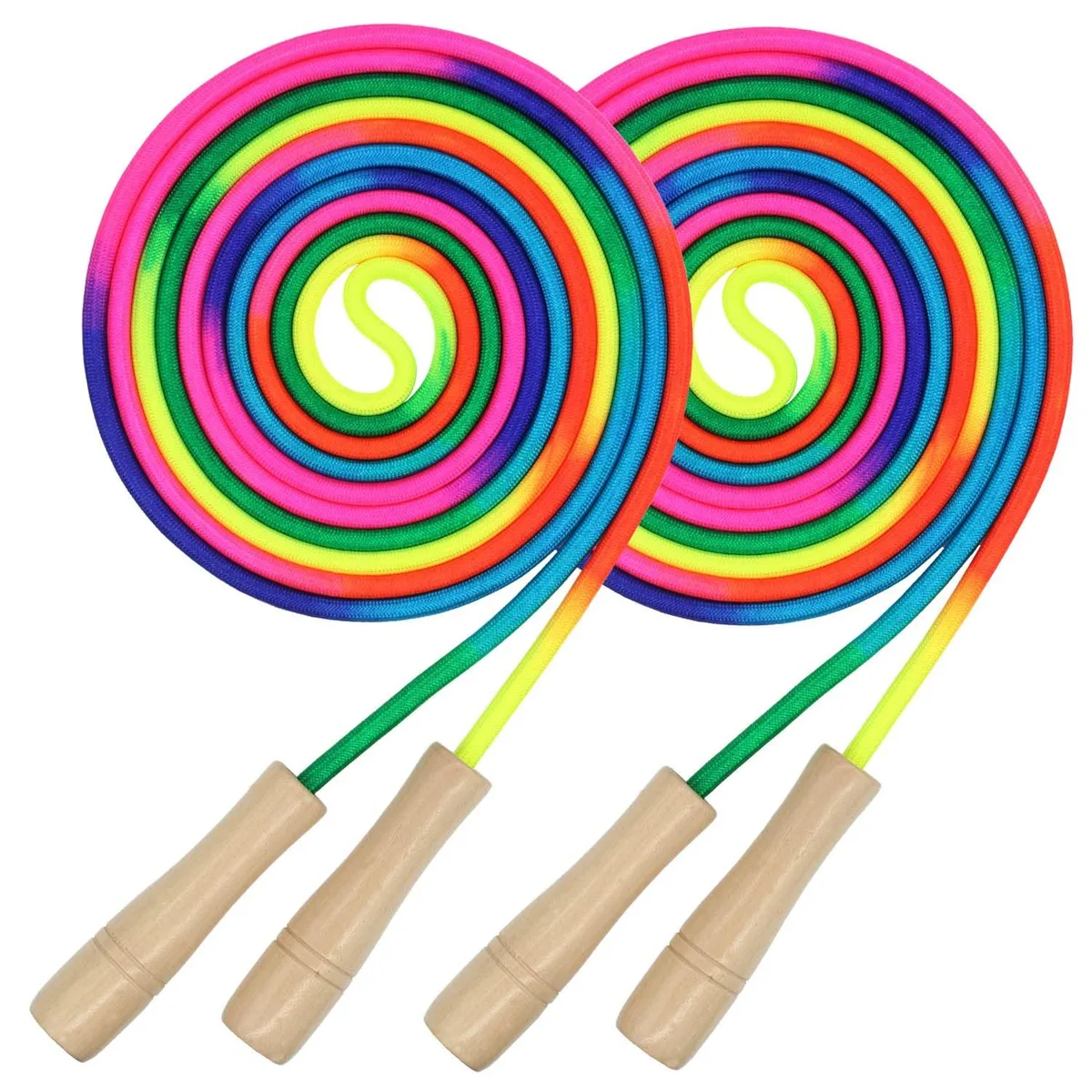 16 FT 2 Pack Adjustable Double Dutch Jump Rope with Wooden Handles, Rainbow Outdoor Toy — product photo
