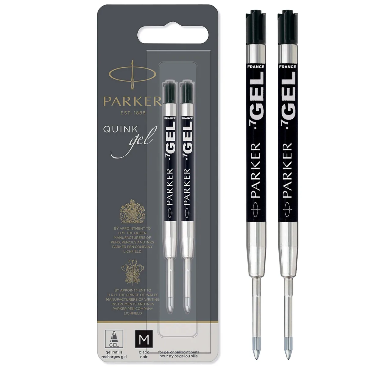 Two black Parker gel refills model 1950362 medium conical tip