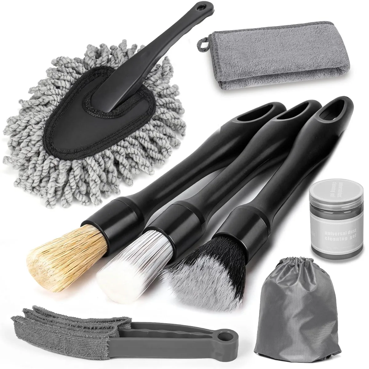 Blue storage box holding 8-piece car interior detailing kit with gel, brushes, duster, towel