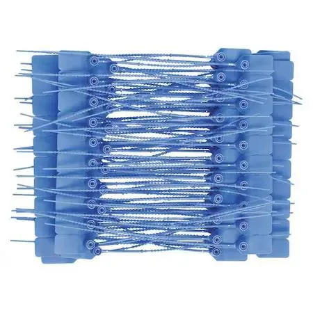 Blue plastic pull-tight security seals in a pack of 100