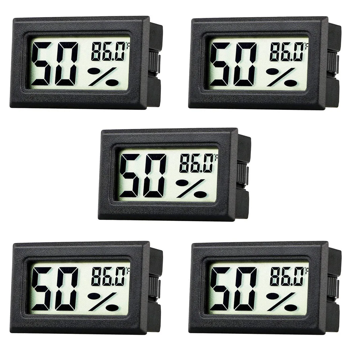 Five tiny black rectangular digital hygrometer thermometers with LCD screens