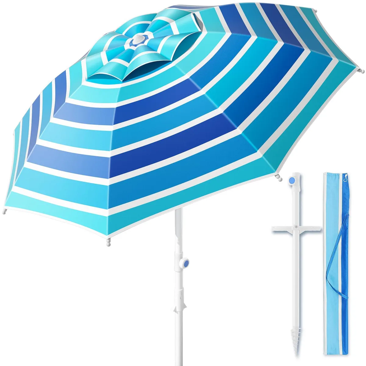 Blue 8ft beach umbrella with tilt mechanism, fiberglass ribs, sand anchor and carry bag