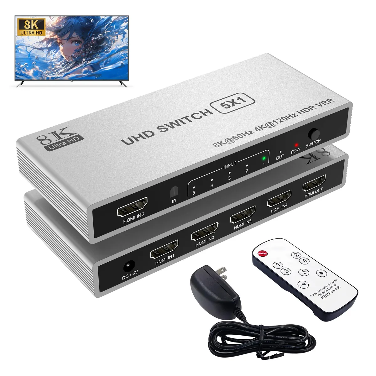 BUCIER BUCIER 5 Port HDMI 2.1 Switch 8K 60Hz 4K 120Hz Silver — product photo