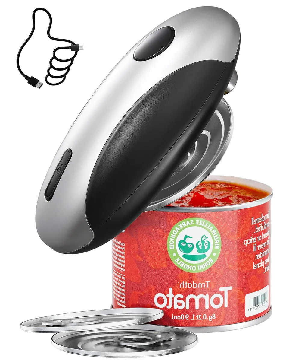 Compact white electric can opener with Type-C port, smooth-edge blade, 7.3 inches tall