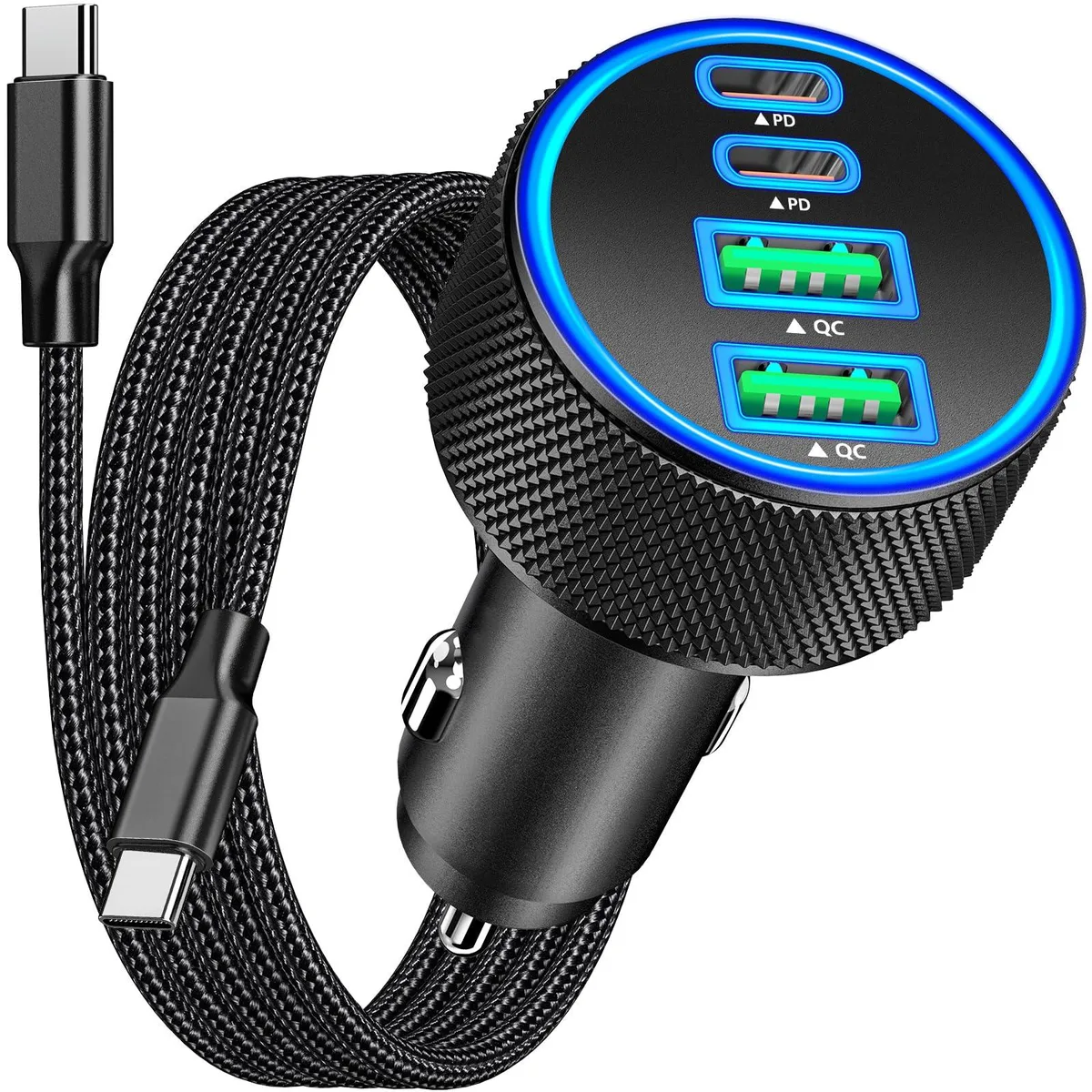 Black four-port car charger with braided USB-C cable