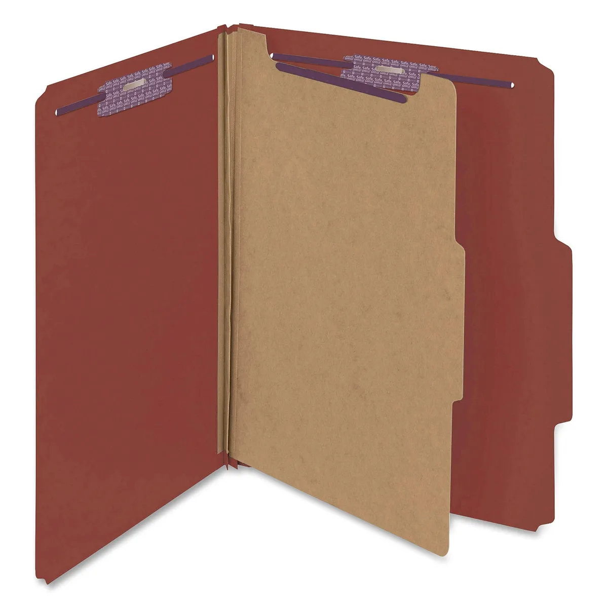 Red pressboard classification folder with SafeSHIELD fastener, 1 divider, 2 inch expansion, letter size, box of 10