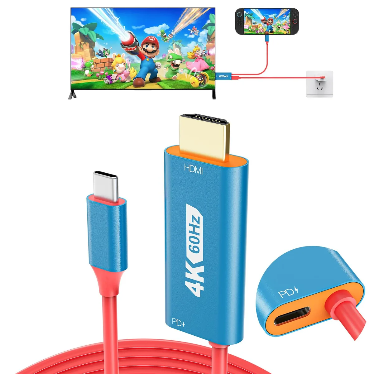 White USB-C to HDMI adapter cable, 6.6ft, with power delivery port