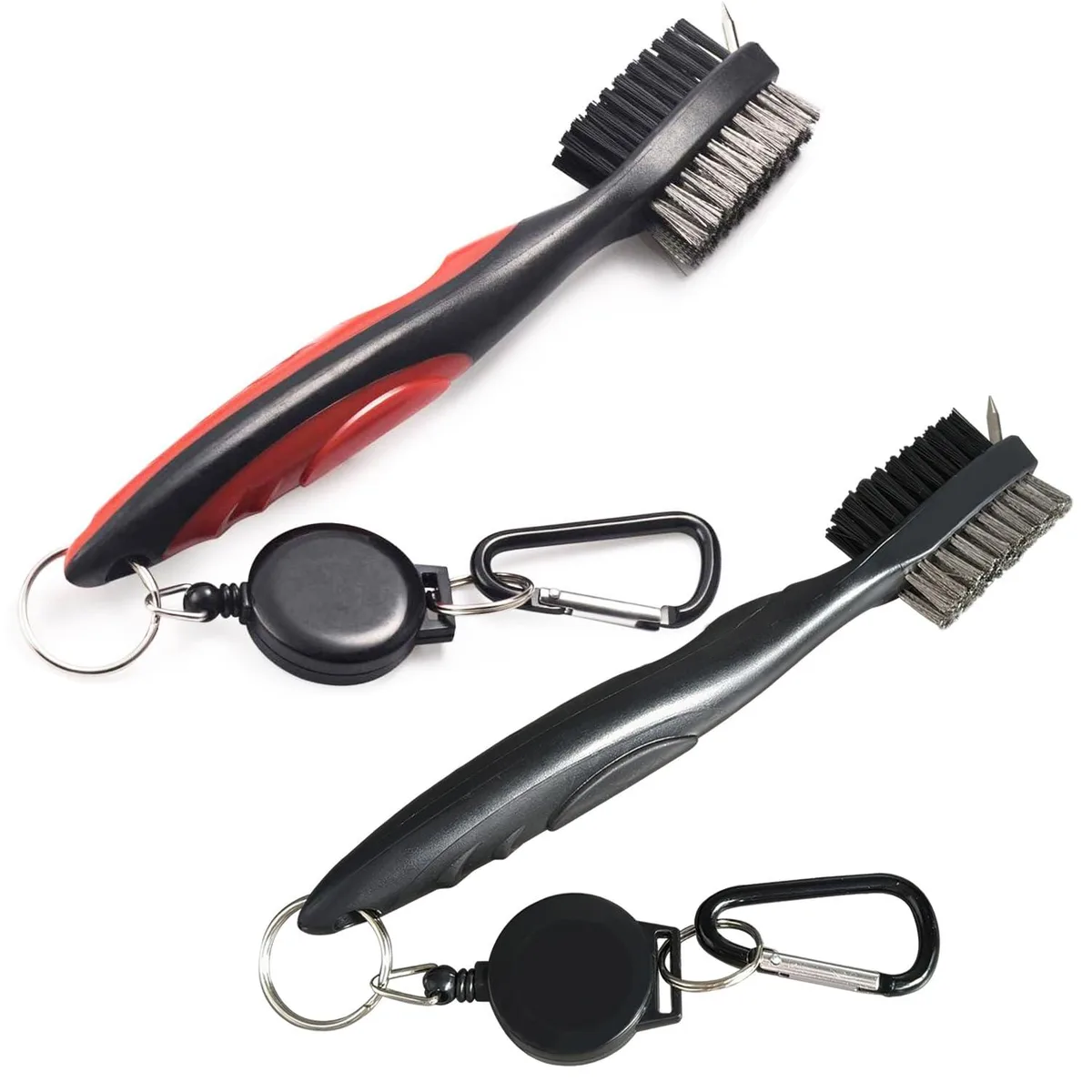 Two golf club brushes, red and black, dual-sided nylon and wire bristles, retractable with ergonomic rubber handles