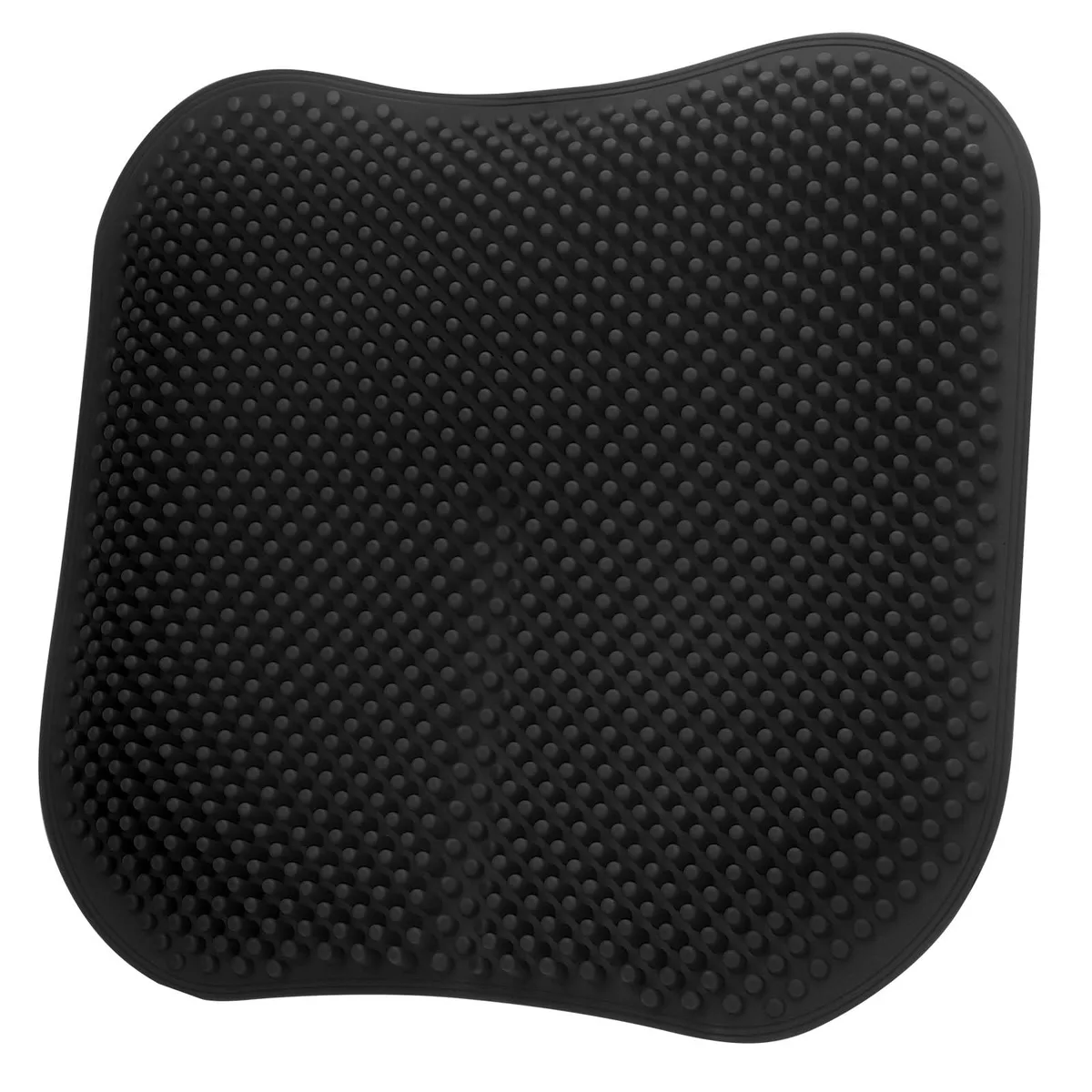 Black silicone seat cushion with textured surface and pressure-relief nodes
