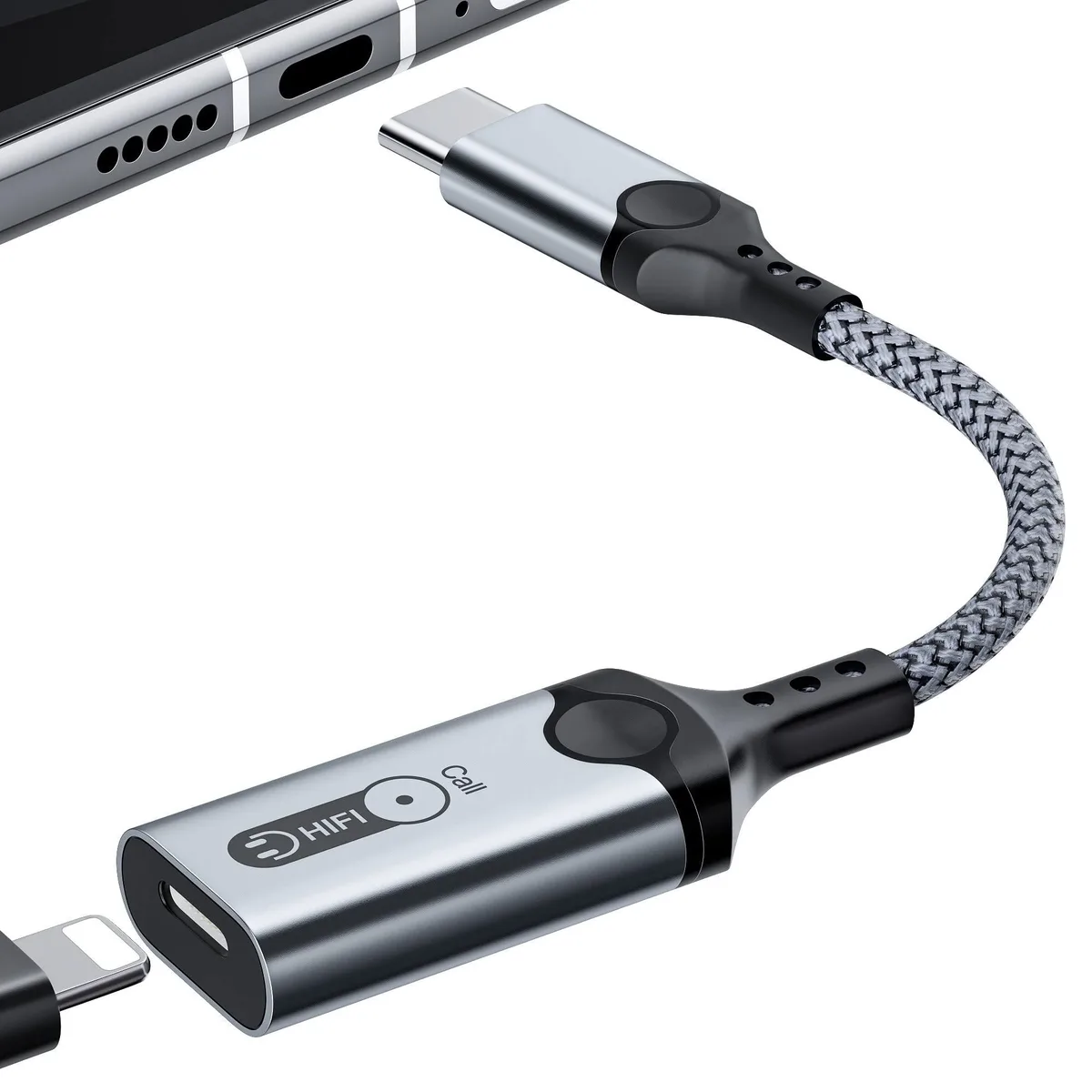 White USB-C male to Lightning female audio adapter
