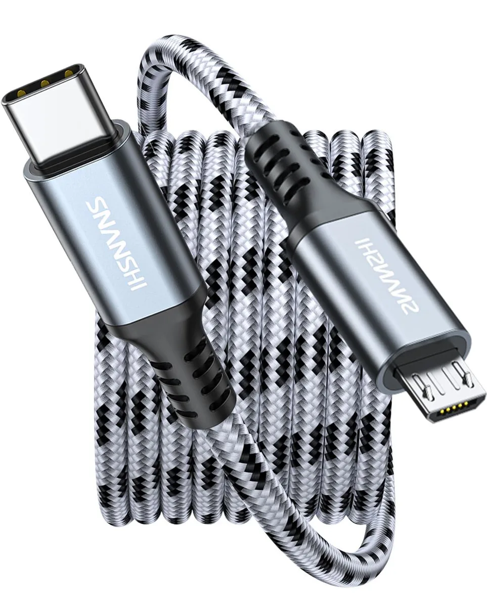Black nylon-braided USB-C to Micro-USB cable 6.6ft with aluminum connectors