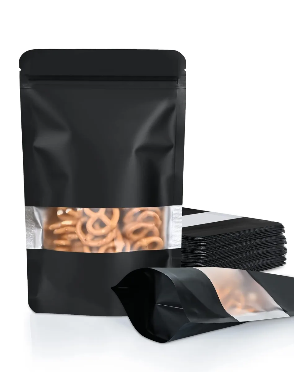 Pack of 100 beige stand-up pouches with matte window, 3.5 by 5.1 inches