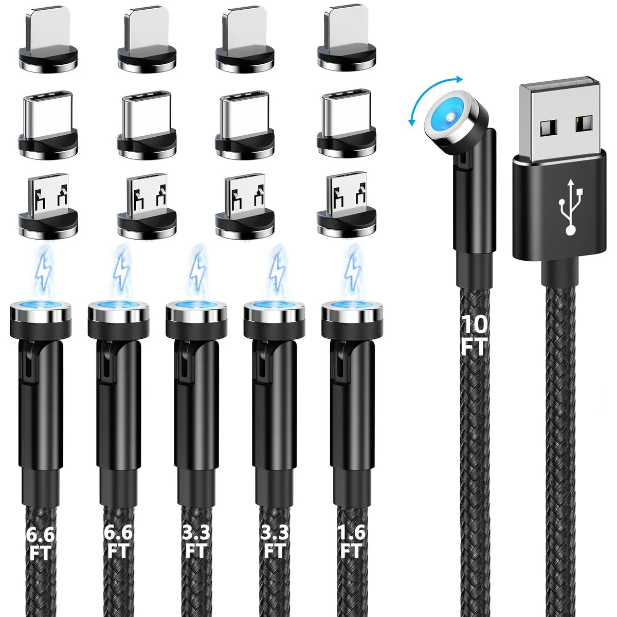 No Sew No Sew 540° Magnetic Charging Cable 6-Pack 1.6/3/6/10ft 3-in-1 Black — product photo