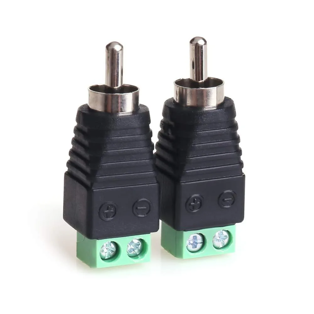 Two small RCA male plugs with screw terminals, 4.3 cm long, matte finish