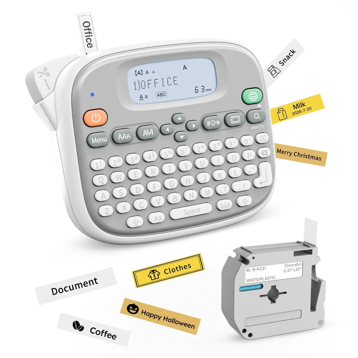 White handheld label printer with QWERTY keyboard and tape cassette visible