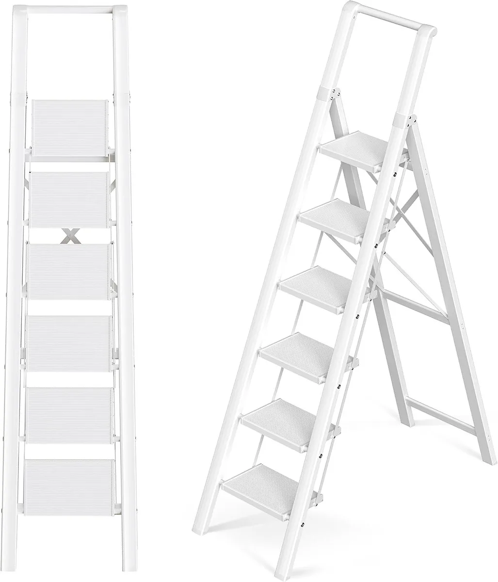 White six-step aluminium folding ladder with widened treads and top grip, shown open at 18.9 by 40.1 by 70.8 inches
