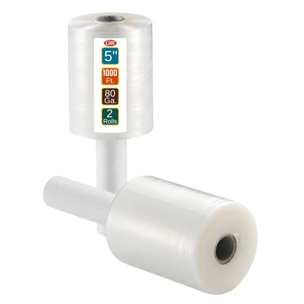 Two transparent 5-inch stretch wrap rolls in a rectangular box