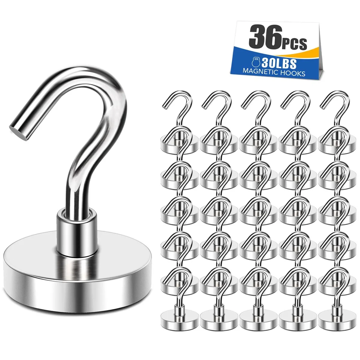 Shiny silver magnetic hooks with steel bases, thirty-six pieces shown together