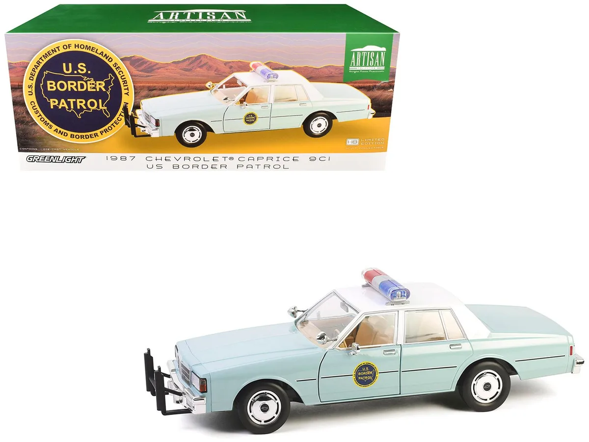 GREENLIGHT GREENLIGHT 1987 Chevrolet Caprice 9C1 US Border Patrol Light Green White Top Artisan Collection 1/18 Diecast — product photo