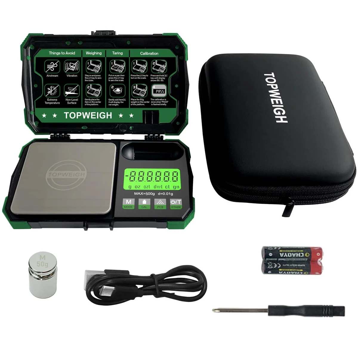 Twelve green pocket scales in zipper cases, compact rectangular form factor, matte finish