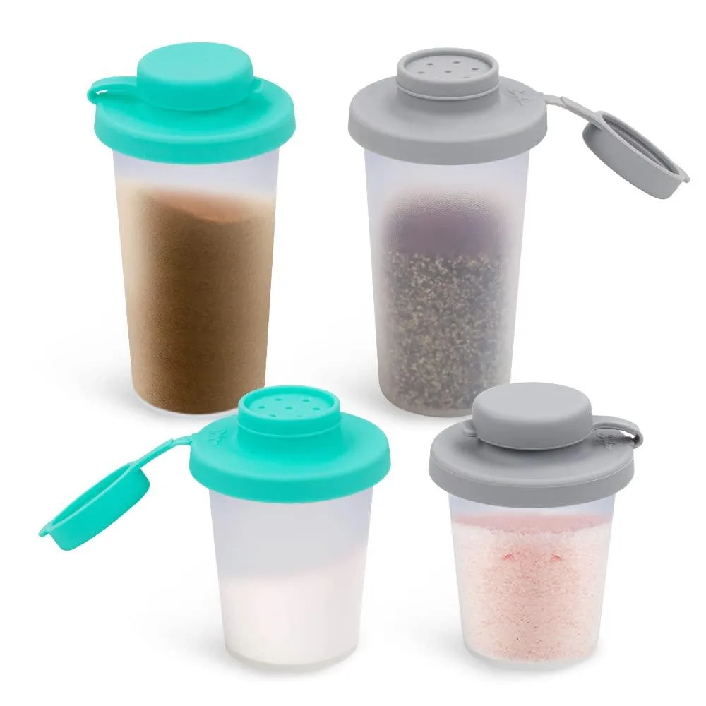 Four cylindrical shakers in mint and grey with silicone lids