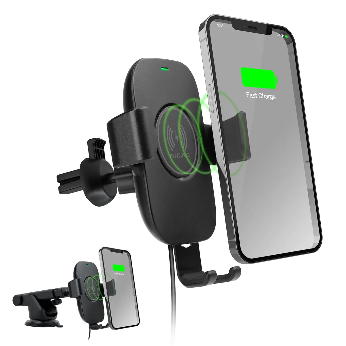 Black wireless charger mount with automatic grip arms, vent and dash suction bases included