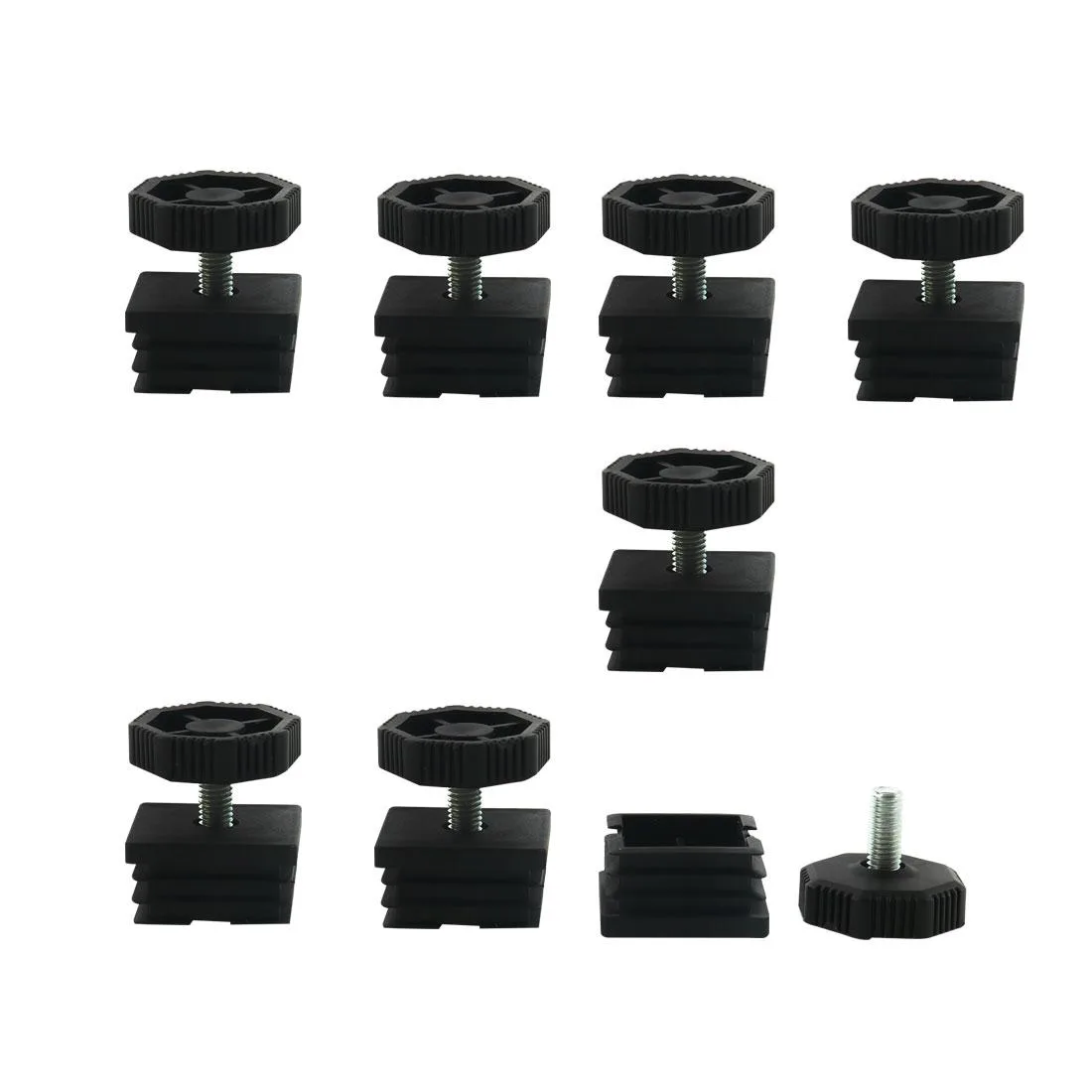 Eight sets of 38mm square tube inserts with adjustable plastic leveling feet
