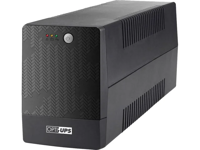 Black rectangular tower UPS with front display panel and six rear outlets