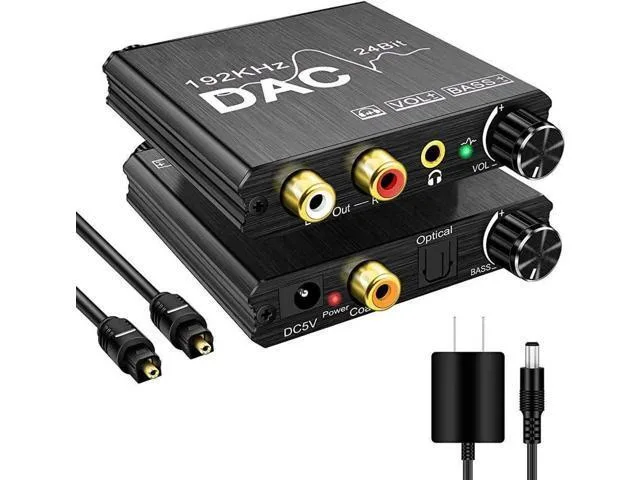 Small black DAC box with two knobs and RCA plus 3.5mm outputs