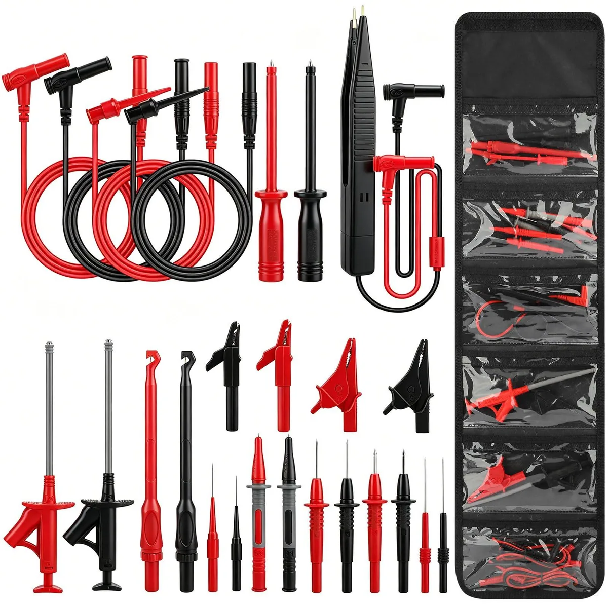 25-piece silicone multimeter test lead kit in roll-up bag with probes, clips, tweezers and banana plugs