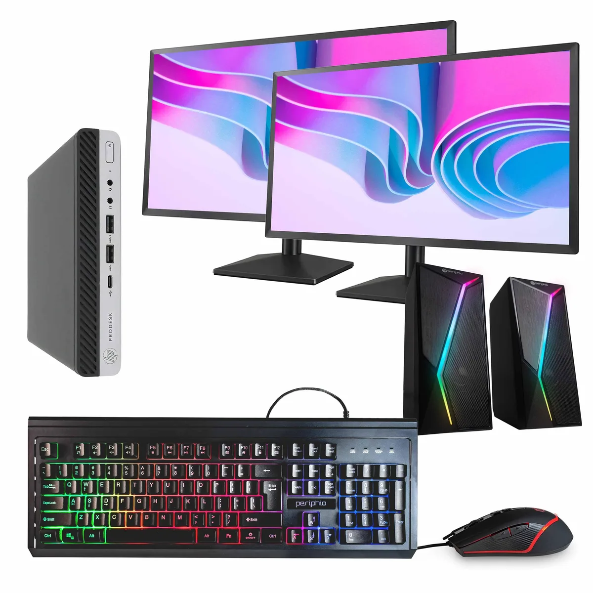 HP HP ProDesk 600 G4 Mini desktop PC i5-8500T 16 GB DDR3 1 TB SSD 2×24″ monitors Windows 11 Pro — product photo