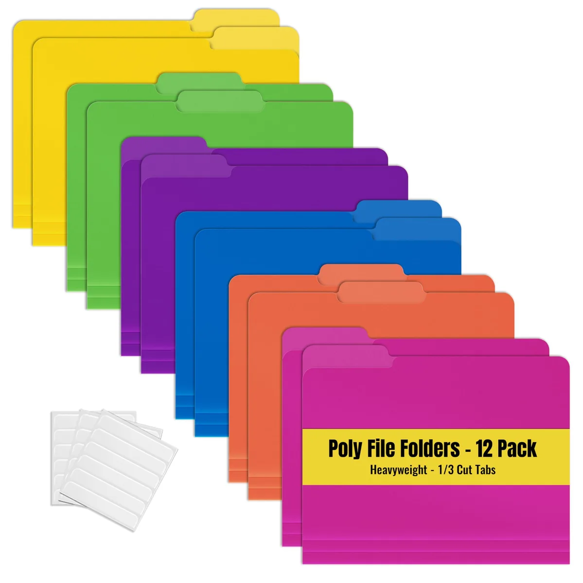 Twelve assorted-colour polypropylene file folders with 1/3-cut tabs in a tray box