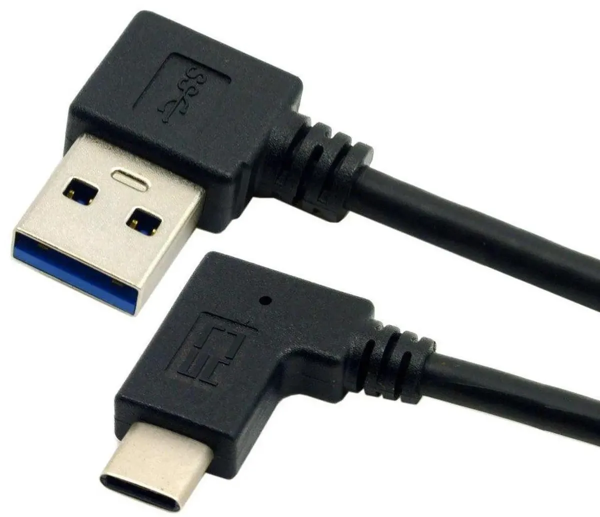 A short cable with a 90-degree left-angled USB-C plug and a standard USB-A connector