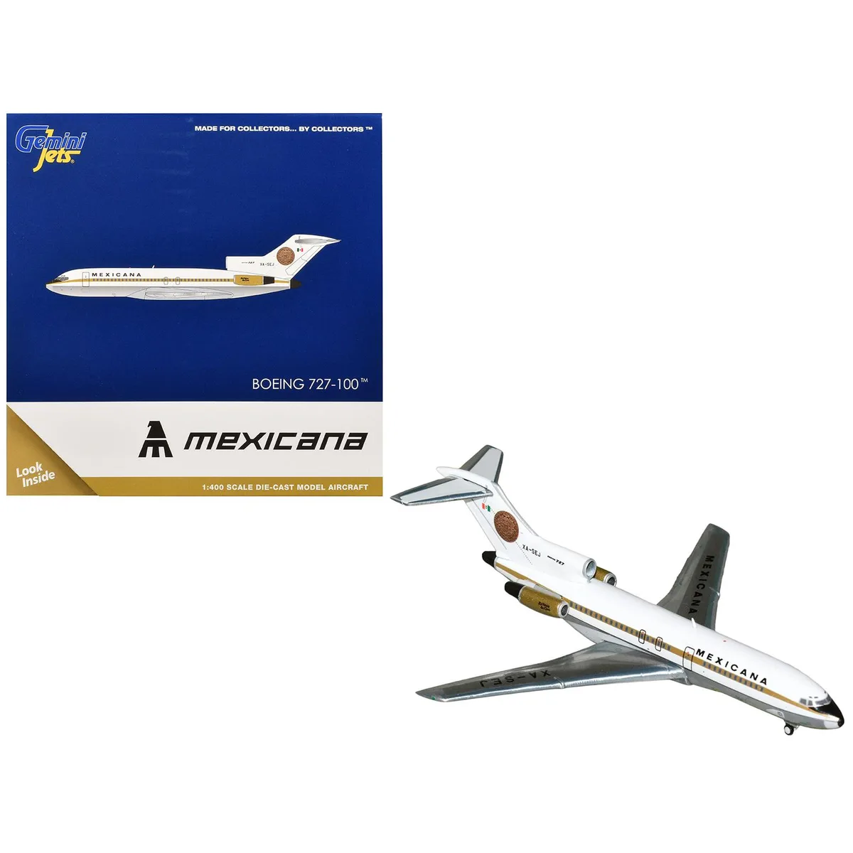 GeminiJets GeminiJets Boeing 727-100 Mexicana de Aviacion XA-SEJ White Gold 1/400 Diecast Airplane — product photo