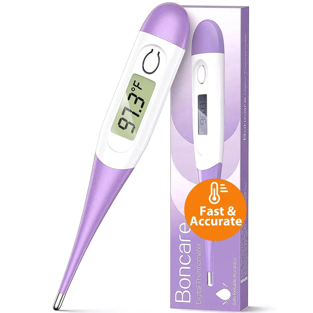 Purple digital thermometer with flexible tip, LCD screen and protective case