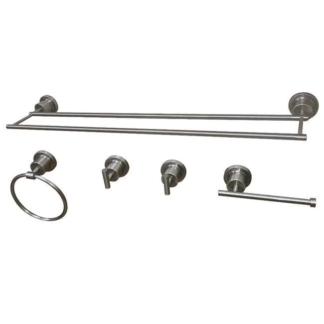 Brushed nickel five-piece bath set with dual towel bar, towel ring, two robe hooks and toilet paper holder